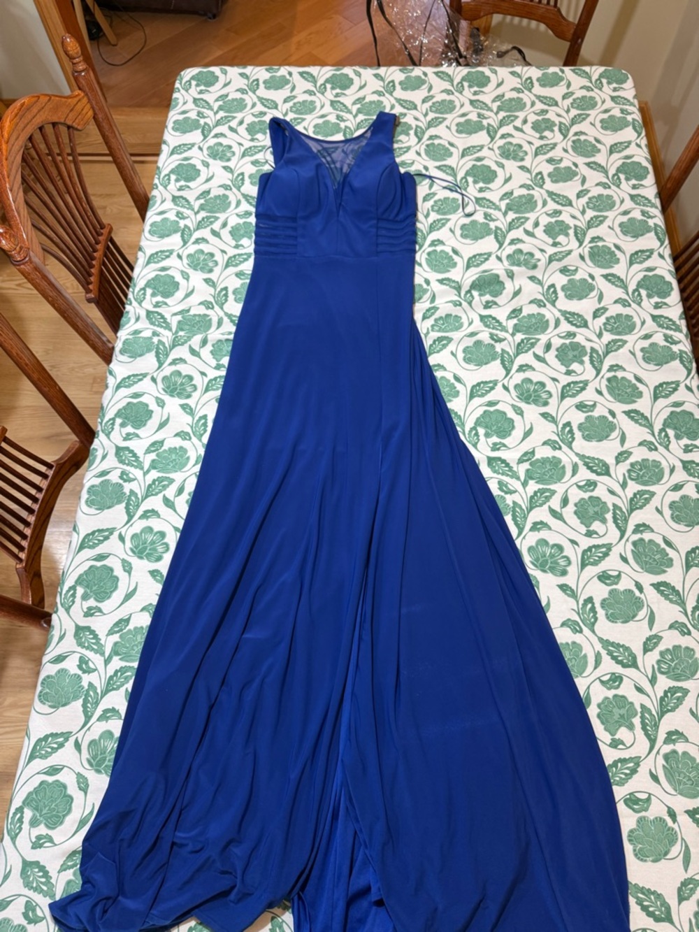 Sleeveless Royal Blue Prom Gown with Sheer Neckline